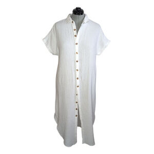 Unbranded white polyester gauze button front midi shirt dress, size Large